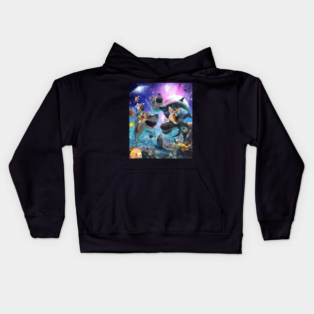 Space Cats Riding Sharks Kids Hoodie by Random Galaxy